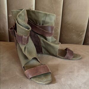 Olive and Brown Leather Wrap Open-toe Wedges